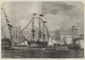 De kanonneerboten die door de linies van slagschepen varen