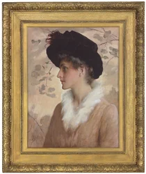 Portret van een dame, halve lengte, met een zwarte hoed en bontstola, 1888