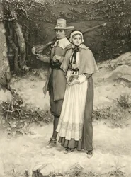 Puriteins echtpaar op weg naar de zondagse eredienst, gegraveerd door Thomas Gold Appleton, 1885