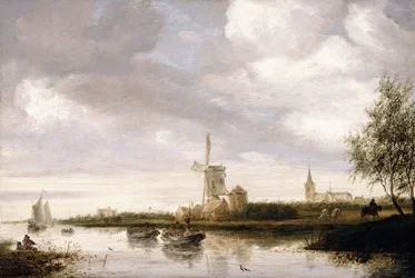 Een Rivierlandschap met Aken en Zeilboten en een Kerk in de Verte