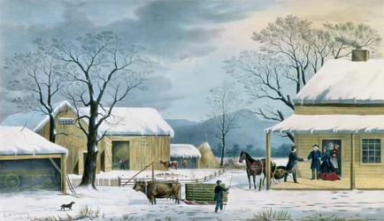 Thuis voor Thanksgiving, gegraveerd door J. Schulfer, uitgegeven door Currier en Ives, 1867