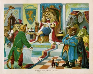Tigret vraagt Koning Leeuw XV om leden van de Carnivore Association andere dieren te laten eten, in "De oorlog der dieren", tekst van J. Jacquin en illustraties van C. H. Thompson. Kinderboek, Ed. Hachette  Cie, Parijs, ca. 1905.