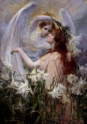 "Boodschap van de engel" Jonge vrouw hoort de stem van een engel in een lelietuin. Schilderij door George Hillyard Swinstead (1860-1926)