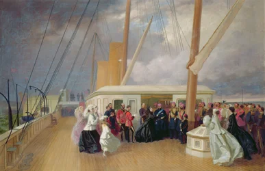 Koningin Victoria die de Sultan de Orde van de Kousenband verleent aan boord van het koninklijk jacht, 17 juli 1867