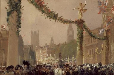Versieringen in Whitehall voor de kroning van koning George V