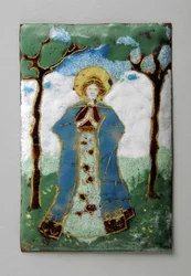 Emaille plaquette van staande dame die bidt