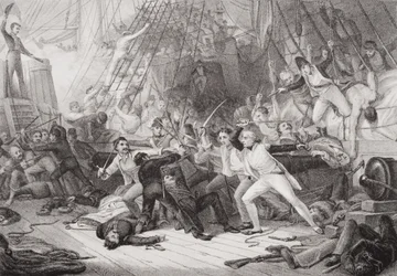 Nelson aan boord van de San Josef tijdens de Slag bij St. Vincent, 14 februari 1797, uit 