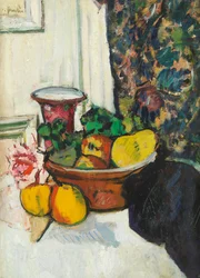 Stilleven met Fruit en Roze Roos