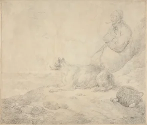 Visser en hond zittend aan de kust