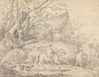 Landschap met huisje en figuren te paard