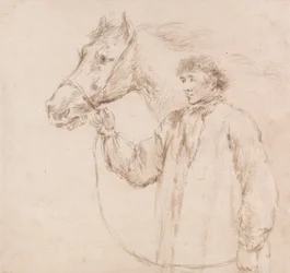 Man die paard bij het hoofdstel houdt