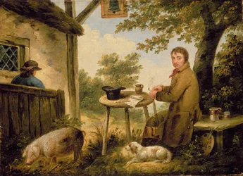 Portret van de kunstenaar buiten de Bell Inn
