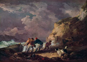 Zeekust: vissers halen een boot binnen, 1791