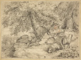Herdersjongen met lammeren in het bos