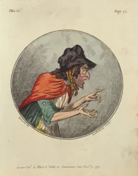 Cartoon van een oude vrouw, geëtst door Isaac Cruikshank