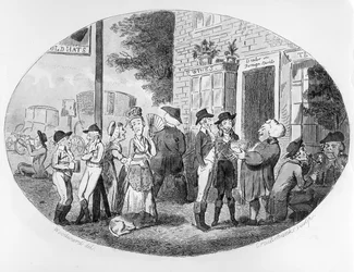 Buiten de Oude Hoeden Tavern, gegraveerd door Isaac Cruikshank, 1796