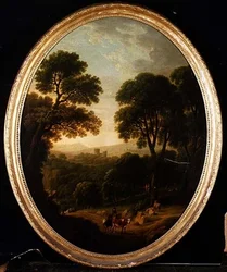 Bosrijk Landschap met Boeren en Vee op een Pad