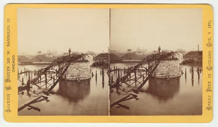 Stereofoto van de Van Buren Street-brug na de brand van Chicago in 1871, 1871
