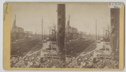 Stereografisch uitzicht op Clark Street na de brand van Chicago in 1871