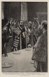 Na de proclamatie van de koning, drinken op de gezondheid van Zijne Majesteit in het Mansion House
