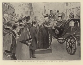 De Lady Mayoress presenteert een boeket aan de koningin in het Mansion House