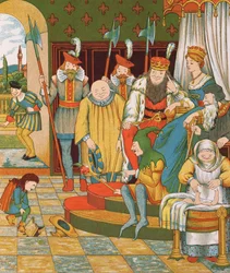 Rumpelstiltskin arriveert om het eerstgeboren kind van de prinses als beloning op te eisen, 1882