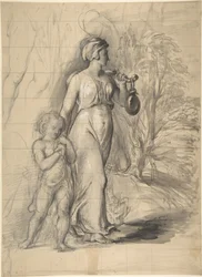 Hagar en Ismaël in de wildernis (recto); twee portretstudies van de vrouw van de kunstenaar en een studie van een been en romp (verso)