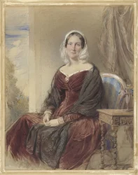 Portret van een zittende dame bij een doorkijk naar buiten