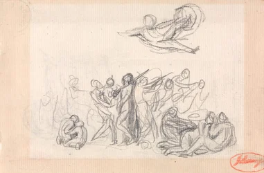 Groep figuren, met daarboven een vliegende figuur