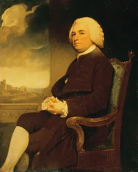 Portret van Michael Russell, zittend, met Dover Castle op de achtergrond