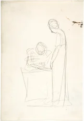 Studie van twee figuren: de ene zittend, de andere staand (recto). Studie van een omhoogkijkend hoofd (verso)