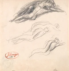 Drie schetsen van een slapende figuur, waarschijnlijk Adam en Eva, voor het werk „Satan ontdekt bij het oor van Eva”