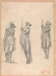 Drie schetsen van een man in uniform