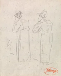 Twee staande figuren met hoge hoeden