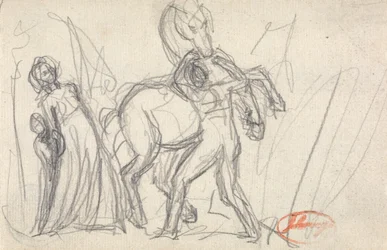 Onbekende personen: vrouw, kind, man en paard