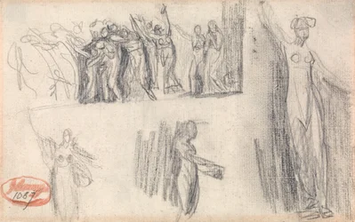 Vluchtende vrouwen en kinderen en drie schetsen van een staande vrouwenfiguur