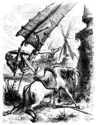 Strijd tegen de molens: Don Quichot en Rossinante worden op de grond gegooid door de vleugel van een molen