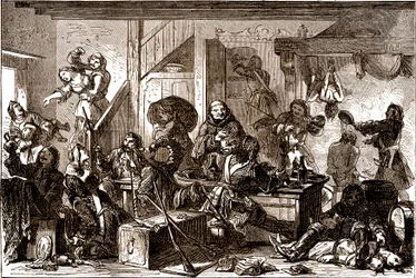 Dragonnades: vervolgingen gericht tegen de protestantse gemeenschappen van het Koninkrijk Frankrijk tijdens de jaren 1680. 19e eeuw (gravure)