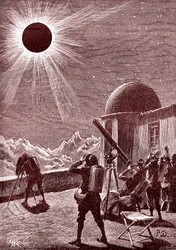 Ontdekkingsreizigers in de Afrikaanse woestijn kijken naar de zonsverduistering. 1888 (gravure)