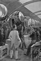 Mechanica voor hun machines, tekening door Roux in De dag van een Amerikaanse journalist in 2889 door Jules Verne