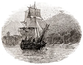 De Hispaniola gaat voor anker bij het eiland