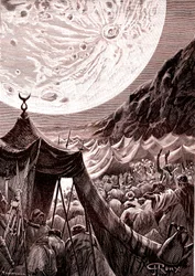 De maan in de woestijn van Nubië, SUDAN. Moslims bidden. 1888 (gravure)