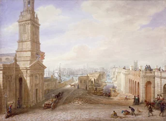 Oude en nieuwe Londense bruggen kijkend naar het zuiden, Londen, 1831