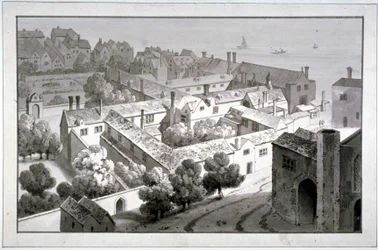 Vogelvlucht van het paleis van de bisschop van Winchester, Southwark, Londen, ca. 1820