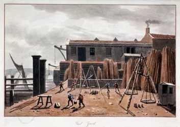 Uitzicht op Steelyard Wharf, Londen, 1811