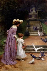 Duiven voeren. Een moeder en dochter voeren vogels in een park. Bovenaan de trap is een fontein afgebeeld. Schilderij van George Sheridan Knowles (1863-1931 Brits) Privécollectie