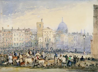 Uitzicht op Smithfield Market met figuren en dieren, City of London, 1824