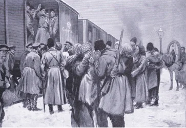 Vertrek van Russische troepen naar het Verre Oosten, illustratie uit Cassells History of the Russo-Japanese War Vol 1, ca. 1900