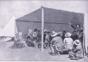Godsdienstoefening in een Boerenvluchtelingenkamp, uit After Pretoria: The Guerilla War gepubliceerd door Harmsworth Bros Limited, 1901