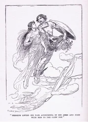 Perseus tilde zijn mooie Andromeda in zijn armen en vluchtte met haar naar de kliftoppen, uit The Heroes gepubliceerd door George Allen en Unwin 1929